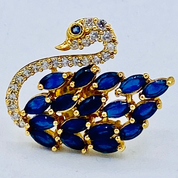 Elegant Gold and Blue Sapphire Color Rhinestone Swan Brooch/Pin/Stick Pin Small - Picture 7 of 7
